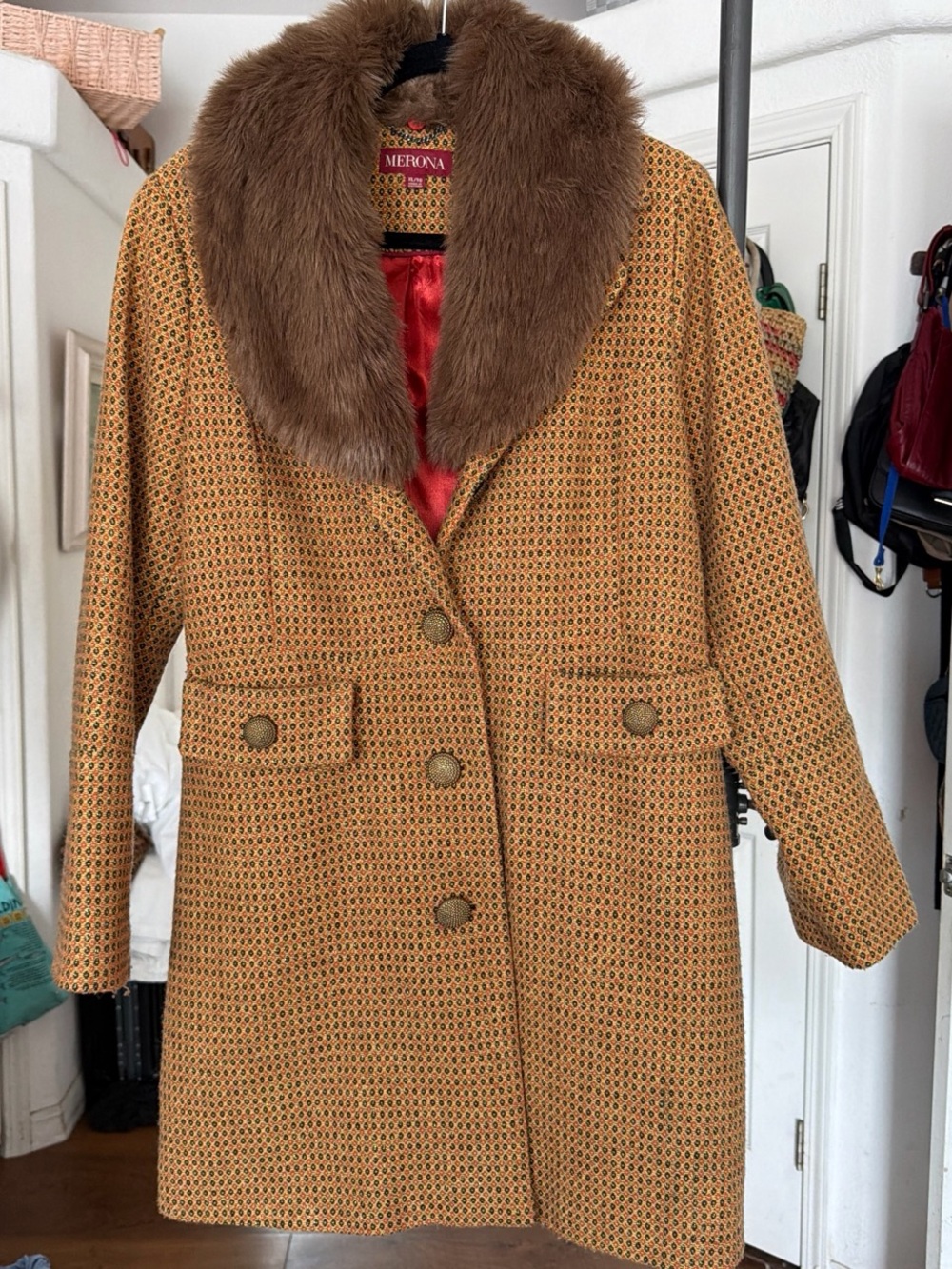 Merona Women's Mustard Tweed Coat with removable Brown faux Fur Collar